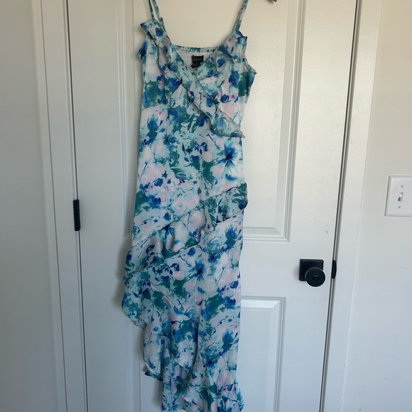 Japna Summer Asymmetrical Blue and White Ruffle Floral Midi Dress Medium - Picture 2 of 4